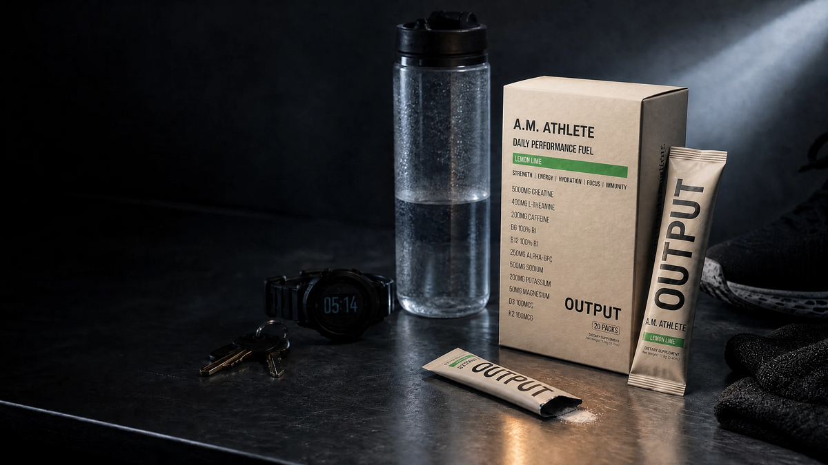 A.M. Athlete morning ritual arranged on a dark training bench before sunrise